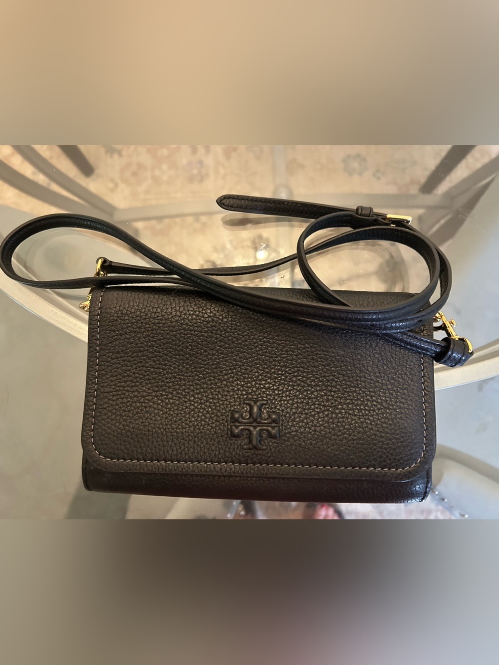 Tory Burch Black Pebbled Leather Logo Crossbody